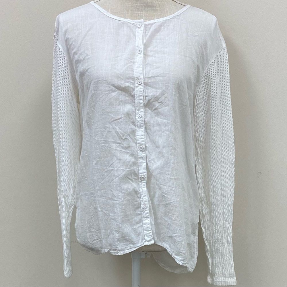 MICHAEL Stars white cotton scoop neck‎ button front  top with sweater sleeves